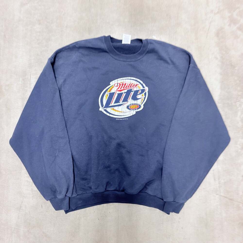 Vintage 2004 Miller Lite Graphic Crewneck Sweatshirt Navy Blue